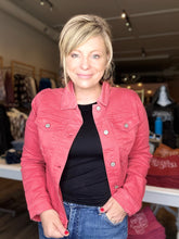 Load image into Gallery viewer, Faded Red Distressed Denim Jacket
