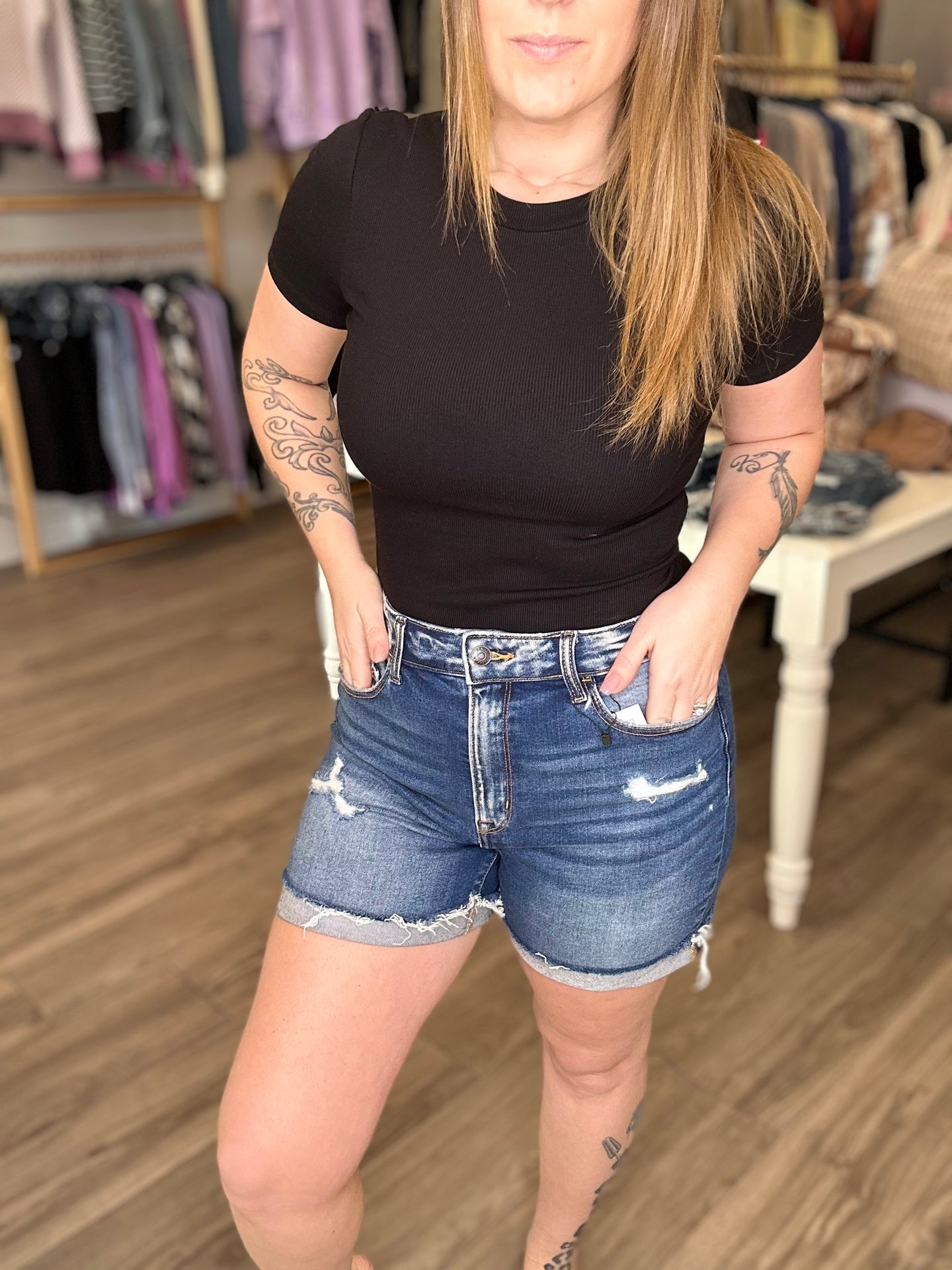Distressed Hem Denim Shorts