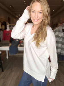 White Deep V Ribbed Sweater