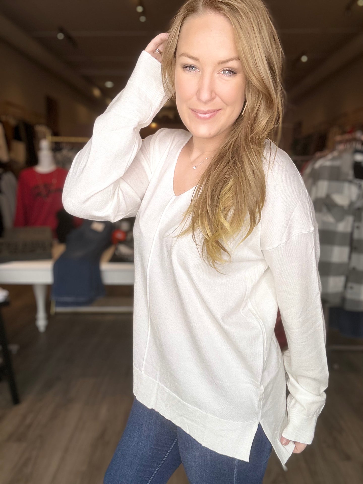 White Deep V Ribbed Sweater