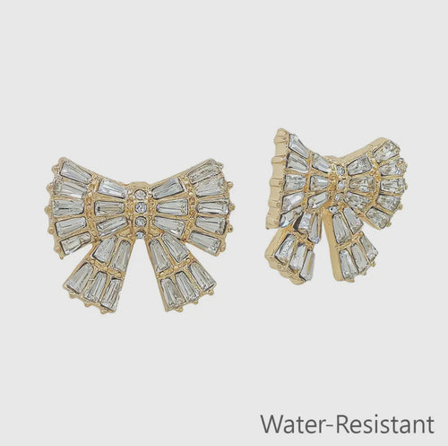 Rectangle Crystals On Gold Bow Stud Earring