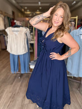 Load image into Gallery viewer, Navy Eyelet Hem Midi Dress