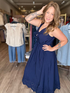 Navy Eyelet Hem Midi Dress