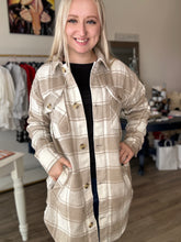 Load image into Gallery viewer, Tan Plaid Midi Button Up Shacket