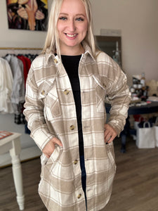 Tan Plaid Midi Button Up Shacket