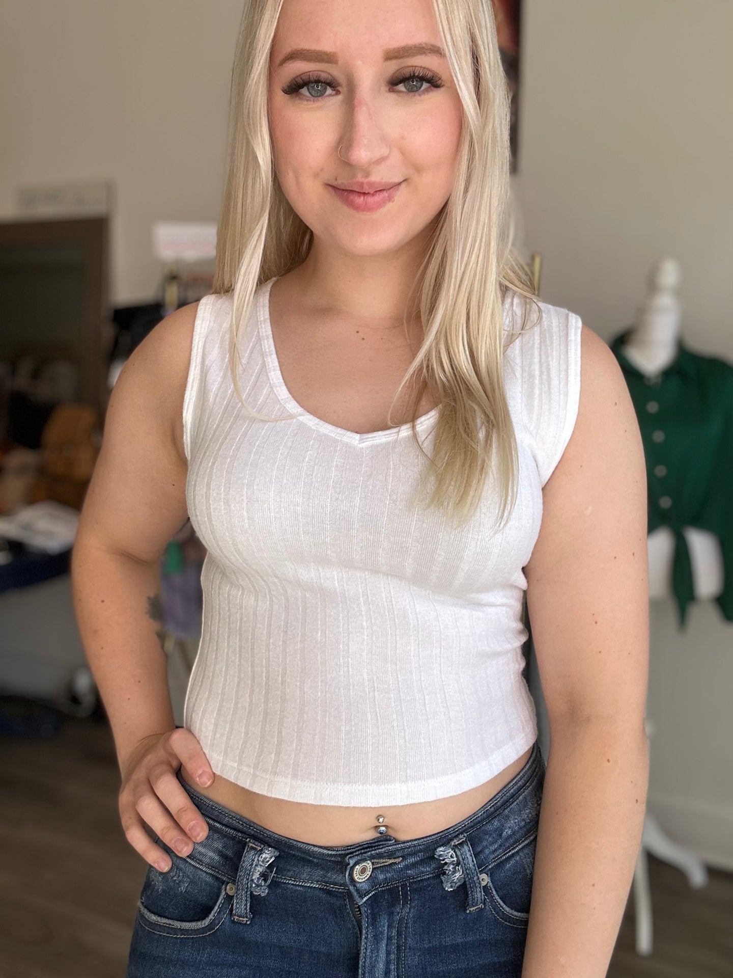 Ivory Ribbed Scoop Neck Tank