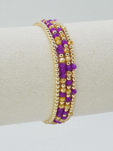 Yellow and Purple Glass Bead and Gold Stretch Bracelets