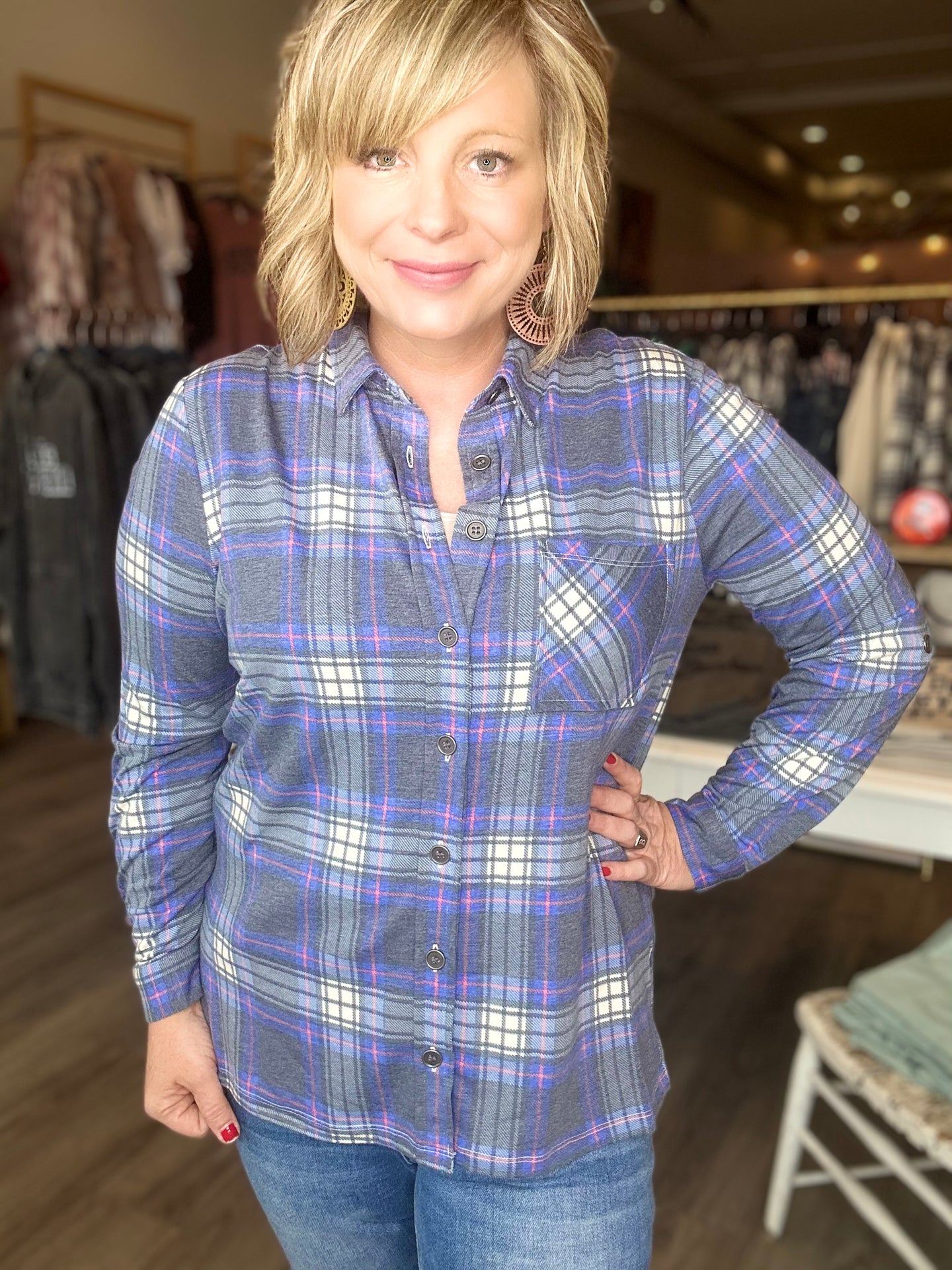 Navy Plaid Roll Up Sleeve Top