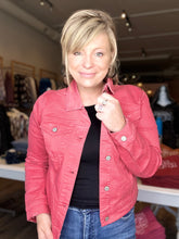 Load image into Gallery viewer, Faded Red Distressed Denim Jacket
