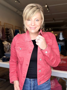 Faded Red Distressed Denim Jacket