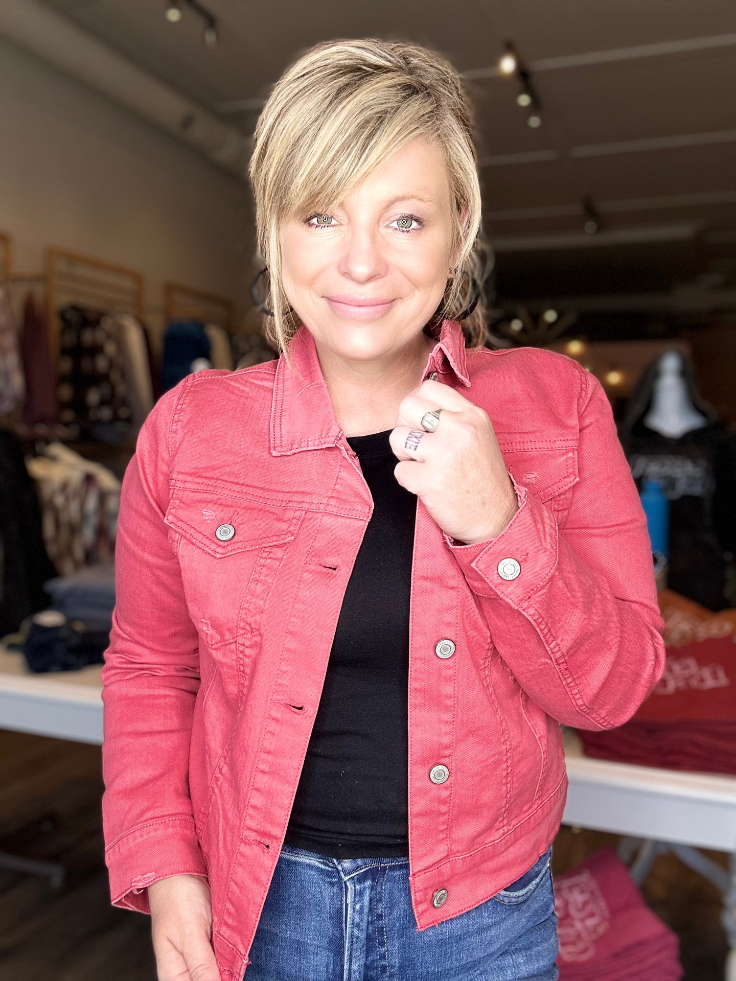 Faded Red Distressed Denim Jacket