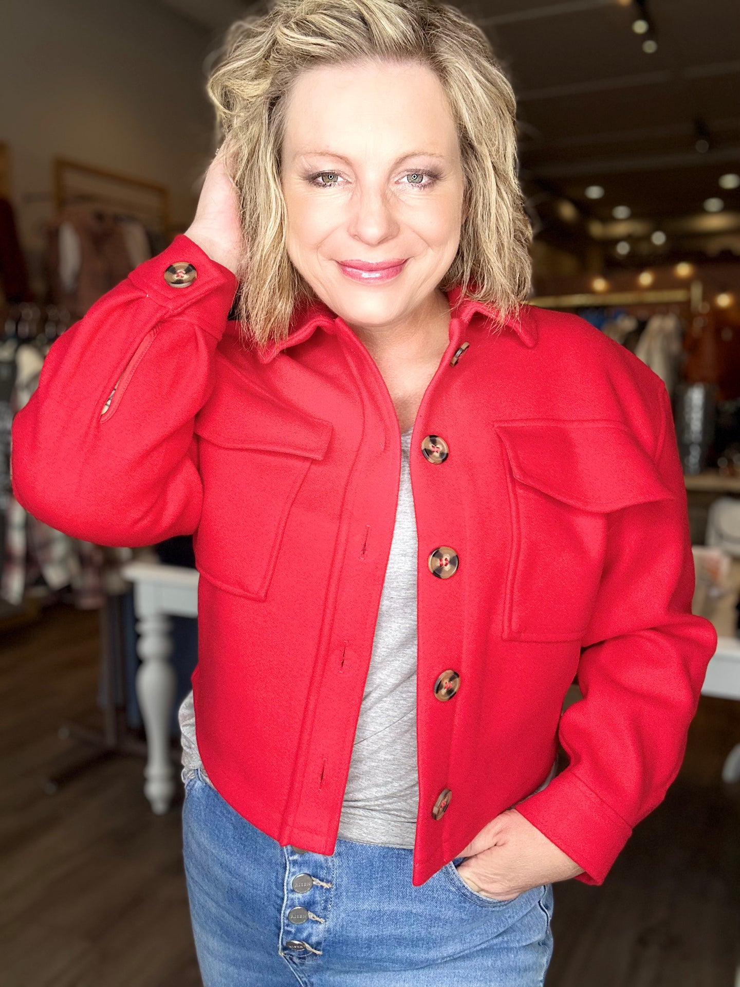 Red Button Down Waist Jacket