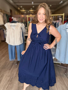 Navy Eyelet Hem Midi Dress
