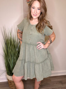 Olive Mineral Washed Cotton Tiered Dress