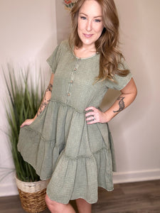 Olive Mineral Washed Cotton Tiered Dress