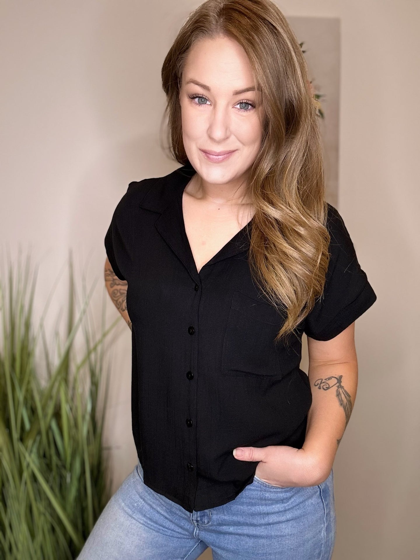 *Restock* Black Collared Button Up Top