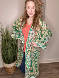 Green Boho Mixed Print Kimono