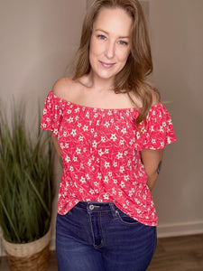 Red Floral Short Sleeve Top
