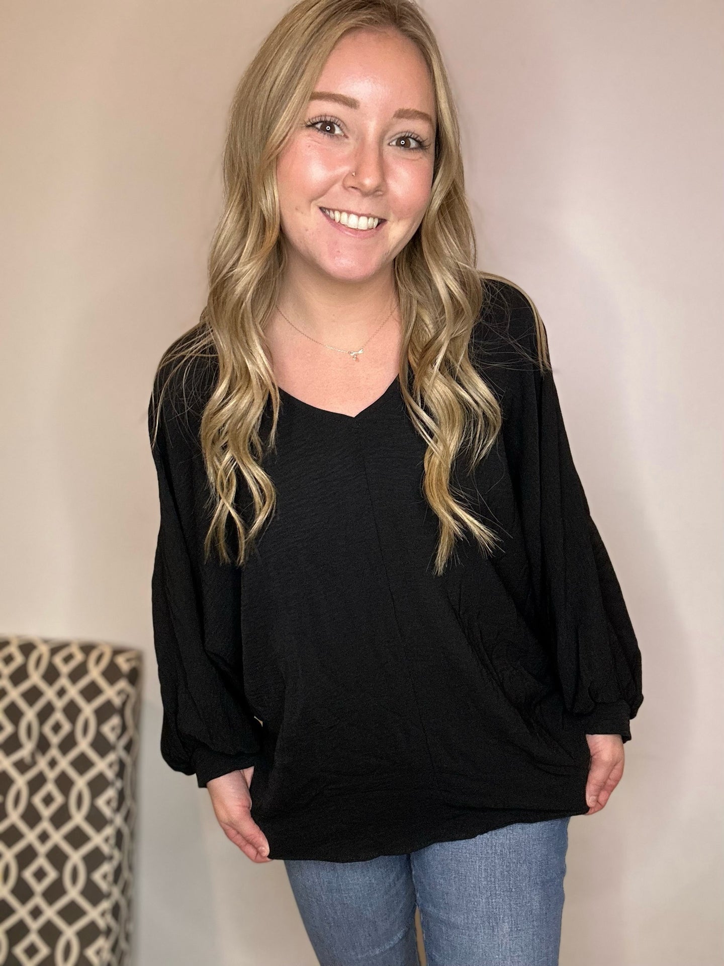 Black Dolman Puff Sleeve Blouse