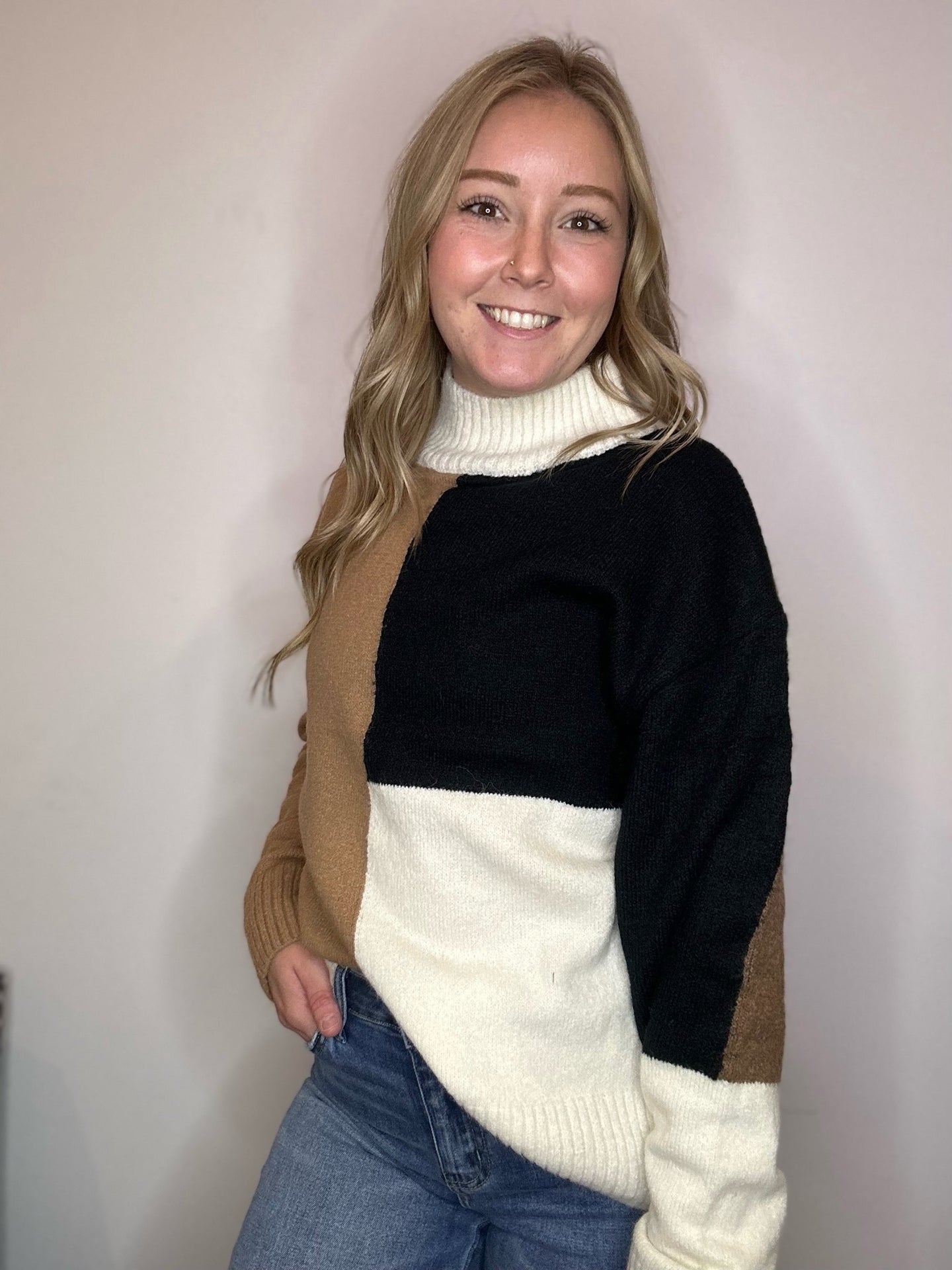 Tan ColorBlock Mock Neck Sweater