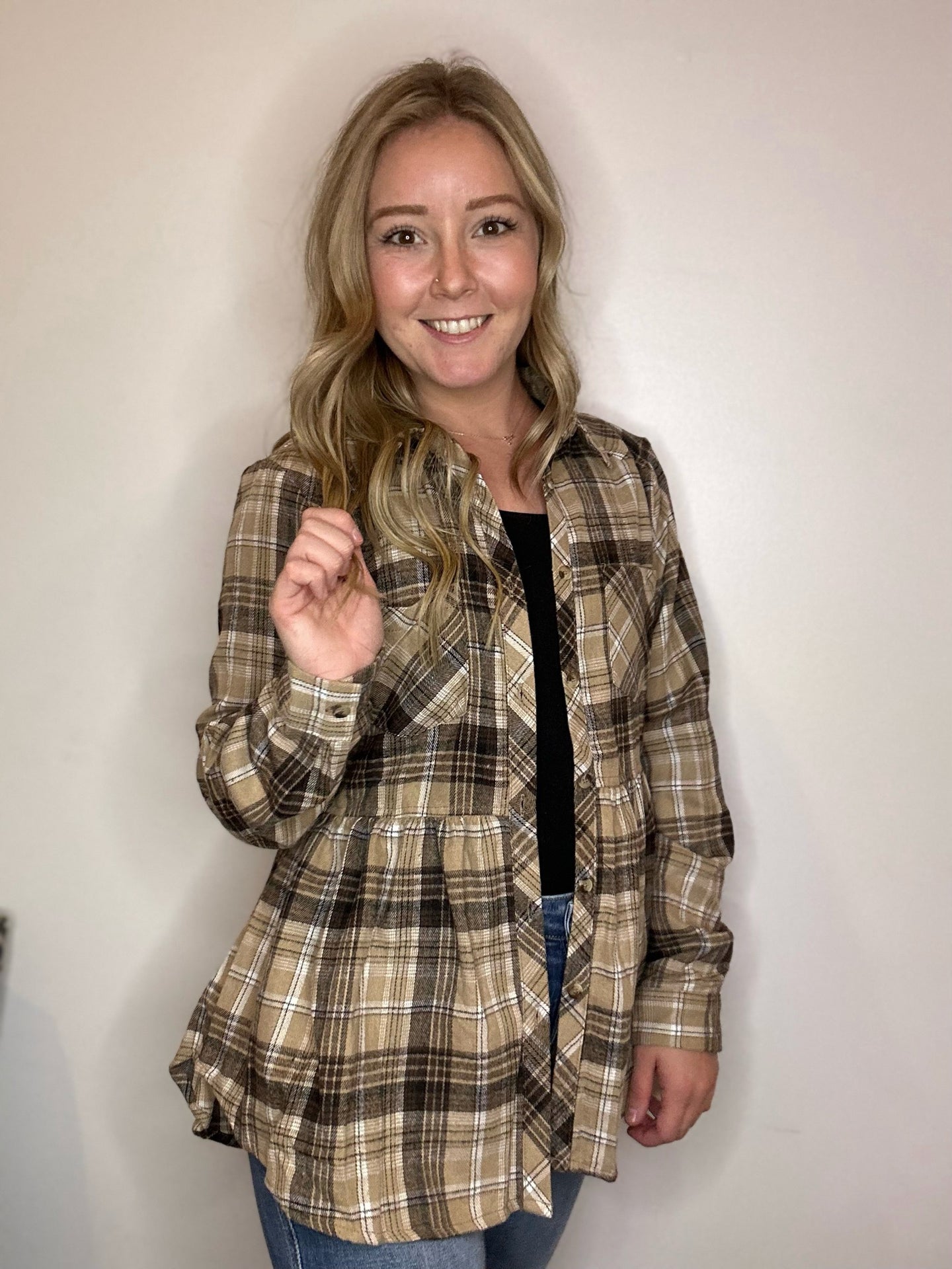 Taupe Plaid Baby Doll Long Sleeve