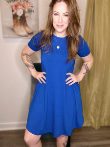 Blue Short Sleeve Round Hem Dress
