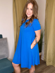 Ocean Blue Short Sleeve Round Hem Dress