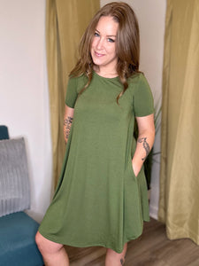 Olive Short Sleeve Round Hem Dress