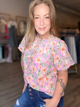 Load image into Gallery viewer, Pink Floral Tie Neck Blouse