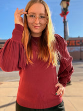Load image into Gallery viewer, Wine Pleated Puff Sleeve Sweater