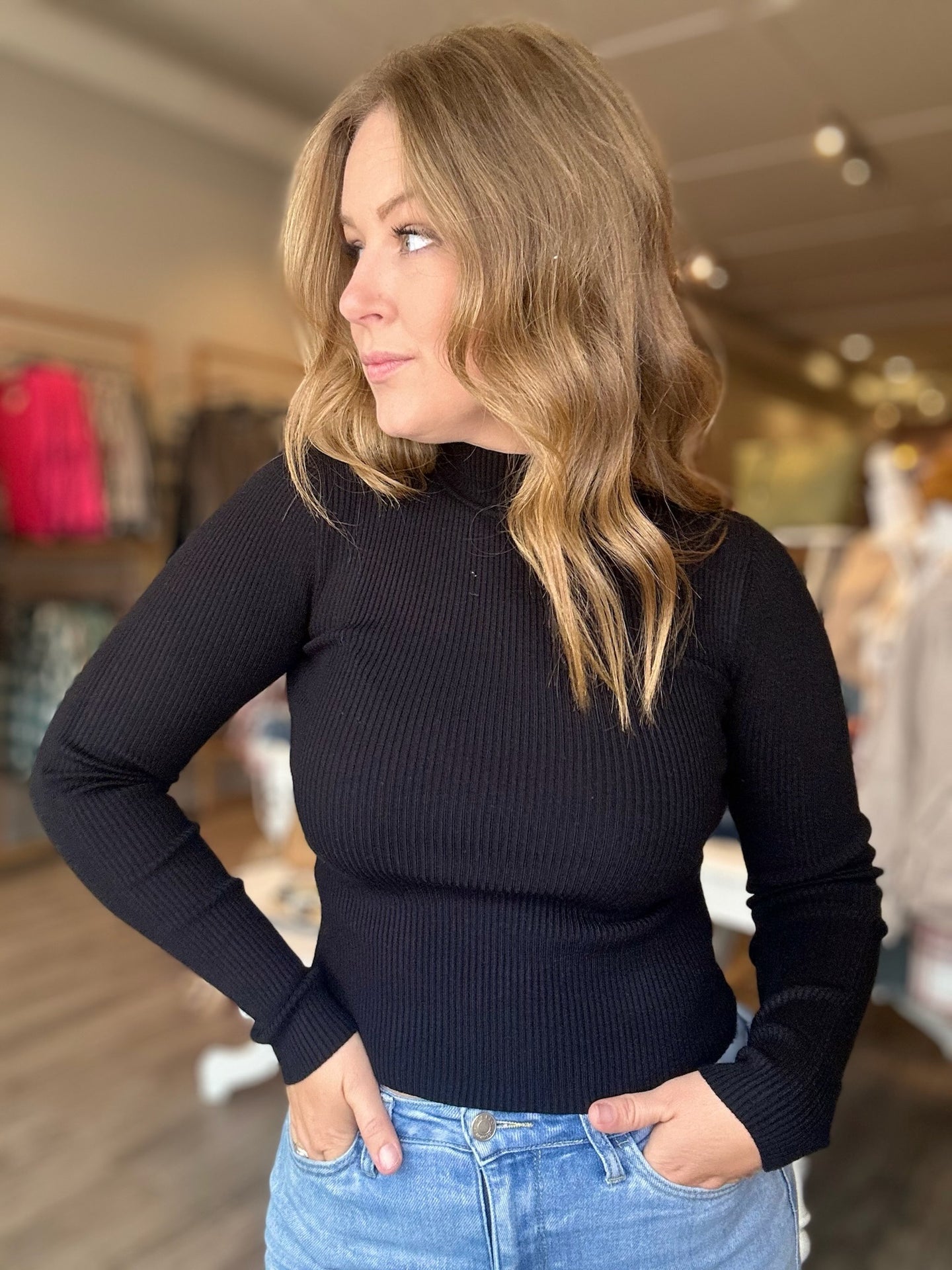 Black Mock Neck Long Sleeve Top