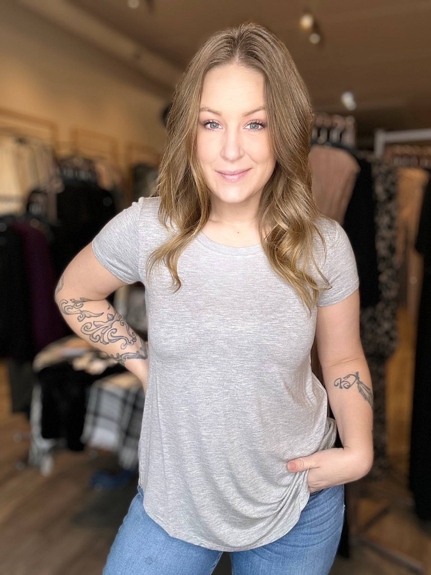 Grey Flowy Short Sleeve Top