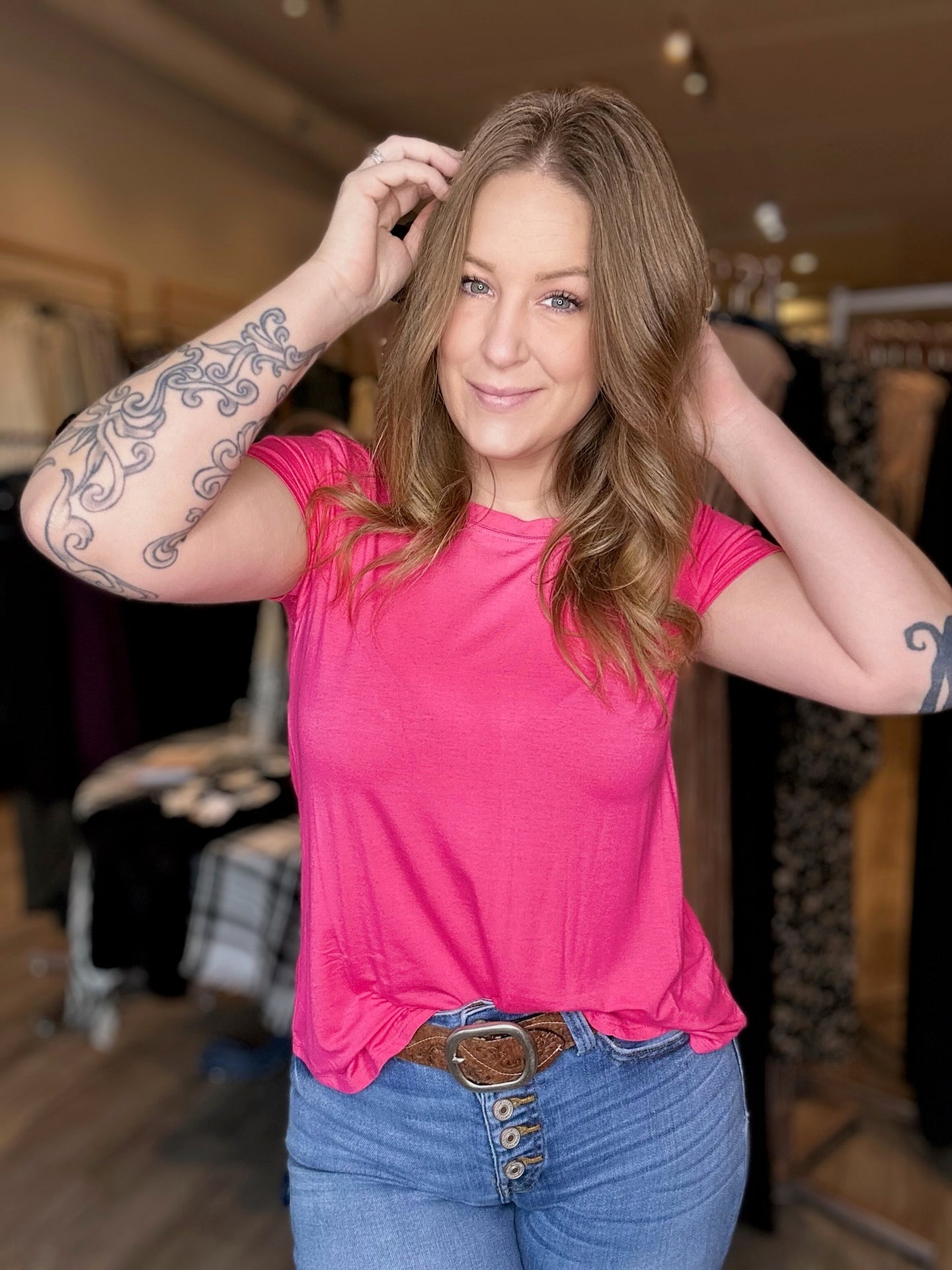 Fuchsia Flowy Short Sleeve Top