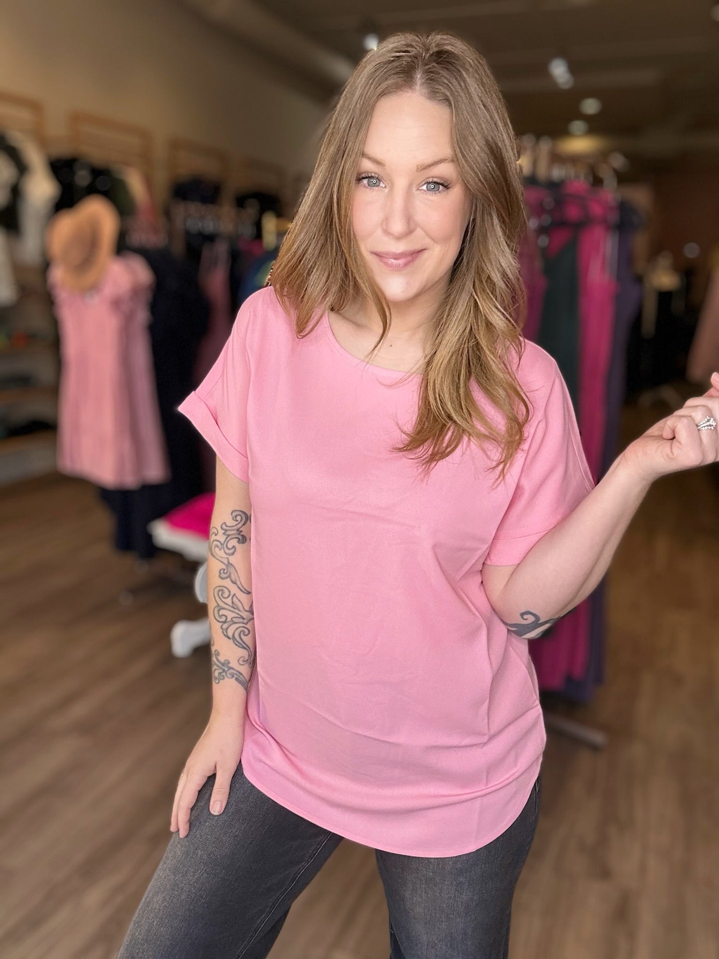 Pink Rolled Sleeve Boat Neck Top S - 3X