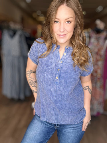 Blue Short Sleeve Henley Top