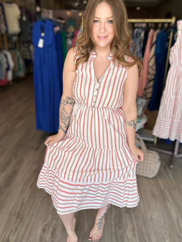Coral Striped Tiered Midi Dress