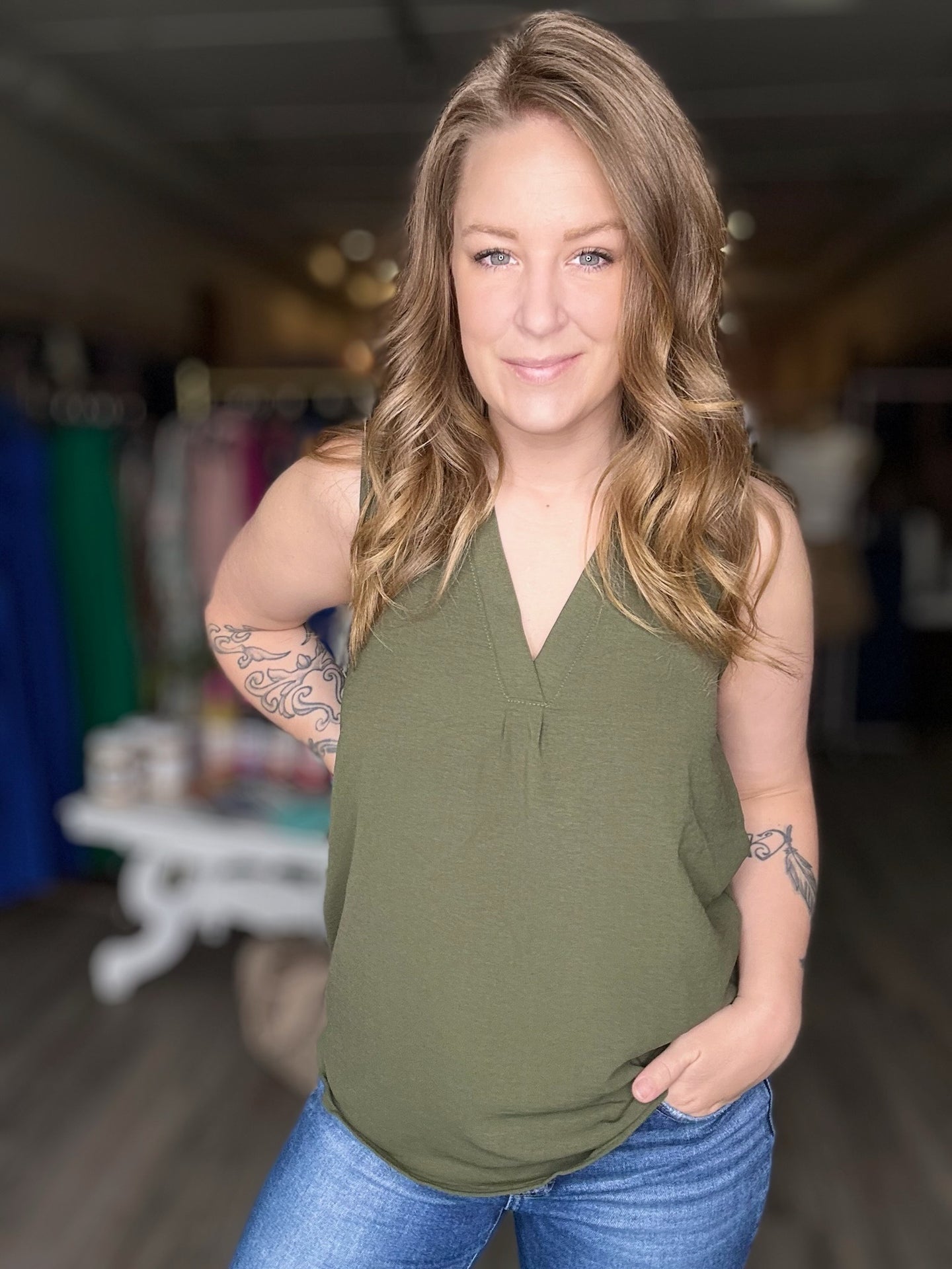 Olive Casual V Neck Top