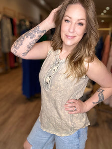 Sleet Washed Half Button Sleeveless Top