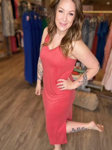 Brick Rose V Neck Midi Dress