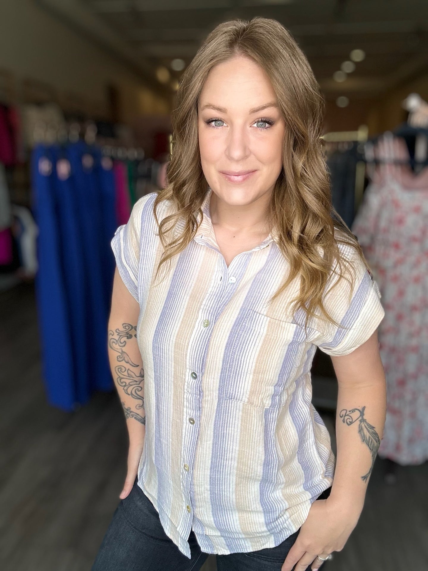 Striped Dolman Button Down Shirt