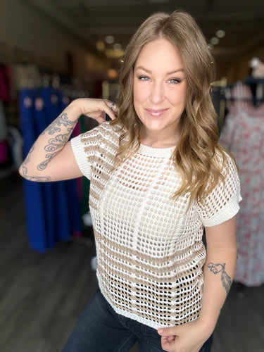 Taupe Multi Stripe Crochet Knit Top