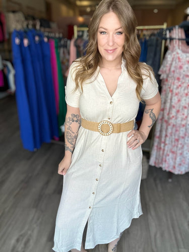 Natural Button Down Midi Dress