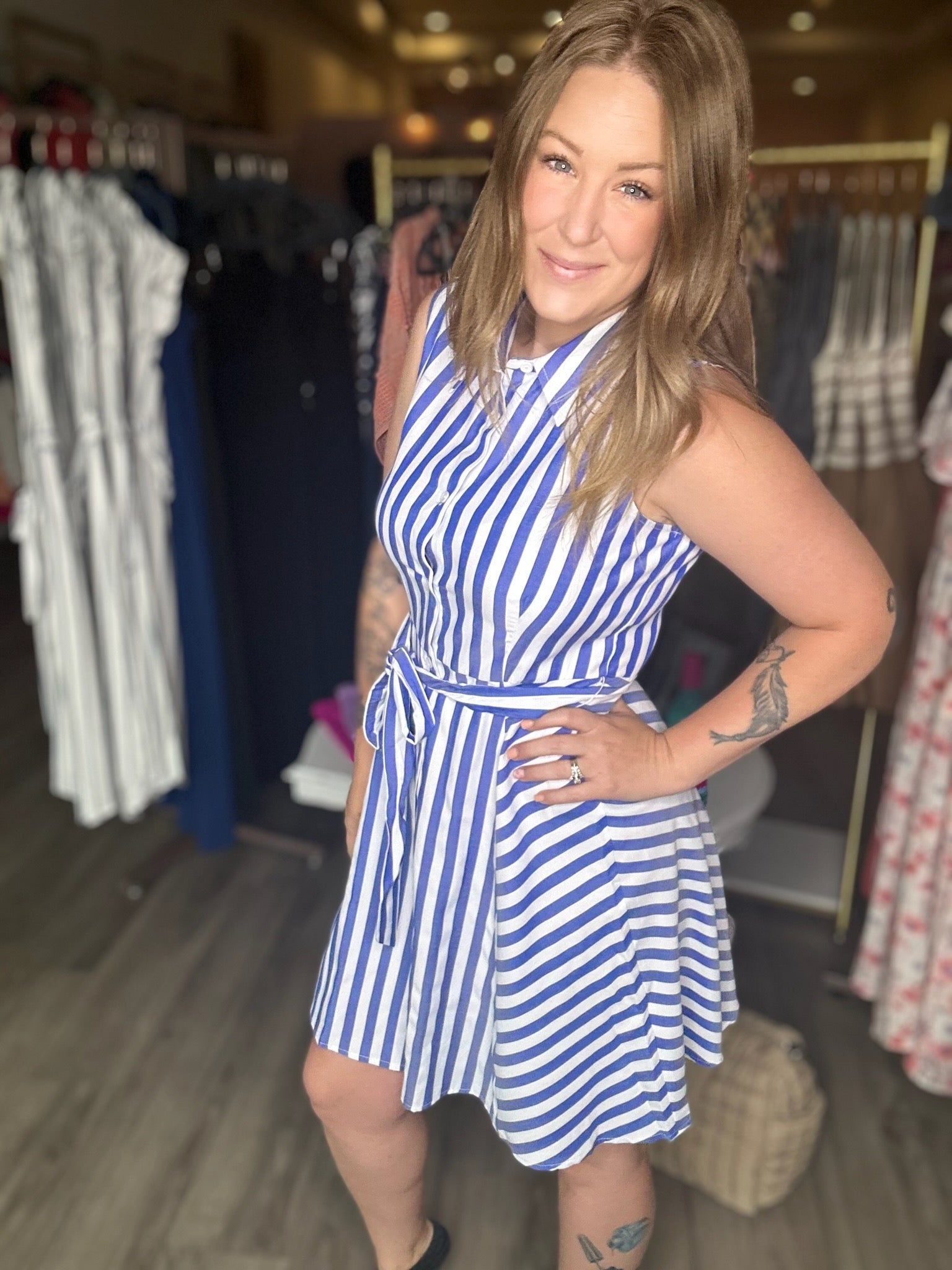 blue striped sleeveless dress Blue Sleeveless Striped Dress L