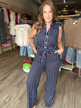 Load image into Gallery viewer, Navy &amp; White Stripe Jumpsuit