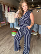 Load image into Gallery viewer, Navy &amp; White Stripe Jumpsuit