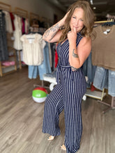 Load image into Gallery viewer, Navy &amp; White Stripe Jumpsuit