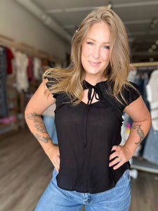 Black Front Tie Short Sleeve Blouse