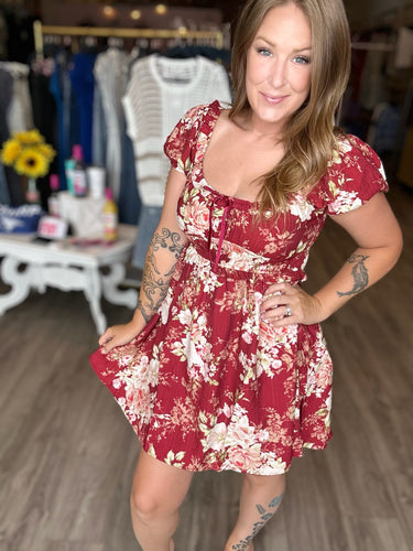 Burgundy Floral Print Mini Dress