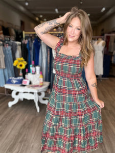 Green Plaid Smocked Midi Dress