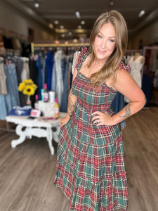 Green Plaid Smocked Midi Dress